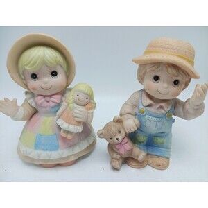 Lot 2 Homco Bisque Porcelain Figurines Boy & Girl Doll Teddy Bear Overalls 1403